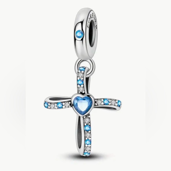 Silver & Blue Sparkle Dangle Cross Charm For Pandora Braclets - Picture 1 of 5